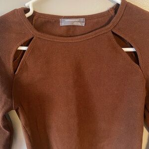 Anthropologie‎ knit cut out brown Raglan Long Sleeve Top sz S